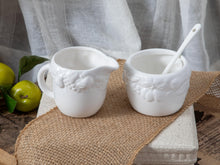 Load image into Gallery viewer, Fruitful Orchard- white sugar and creamer set w/embossed fruit pattern