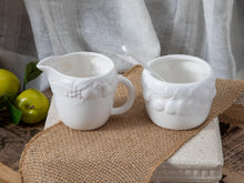 Load image into Gallery viewer, Fruitful Orchard- white sugar and creamer set w/embossed fruit pattern