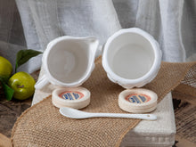 Load image into Gallery viewer, Fruitful Orchard- white sugar and creamer set w/embossed fruit pattern