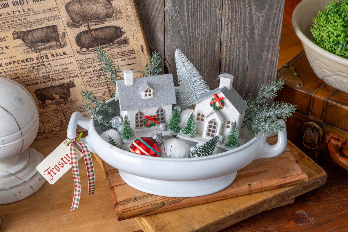Snow Globe ironstone tureen w/festive filler Frog Hollow vintage decor