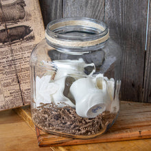 Load image into Gallery viewer, vintage jar with 4 ironstone creamers and fall touches
