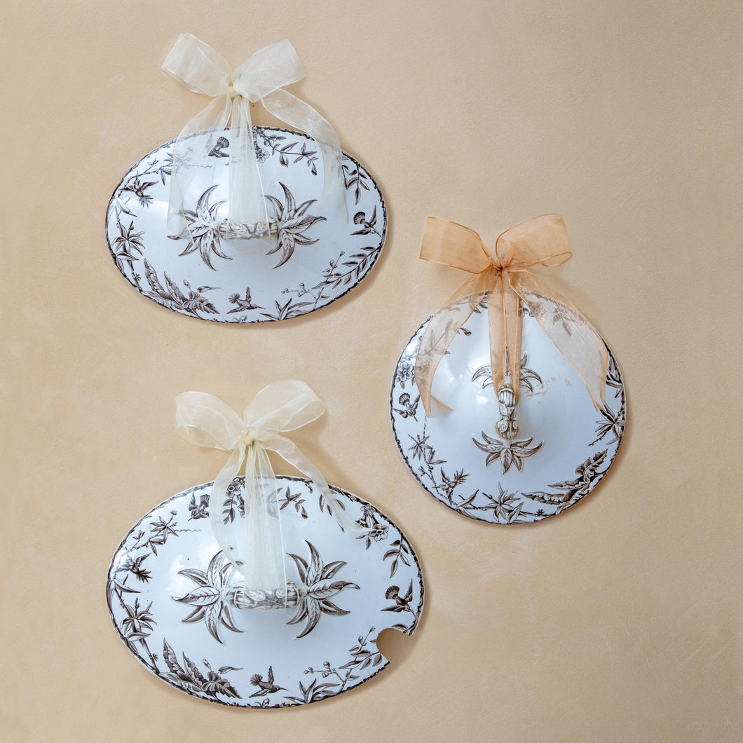 3 serving lids aesthetic brown transferware Indus pattern