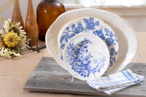 ironstone platter with blue and white transferware plates